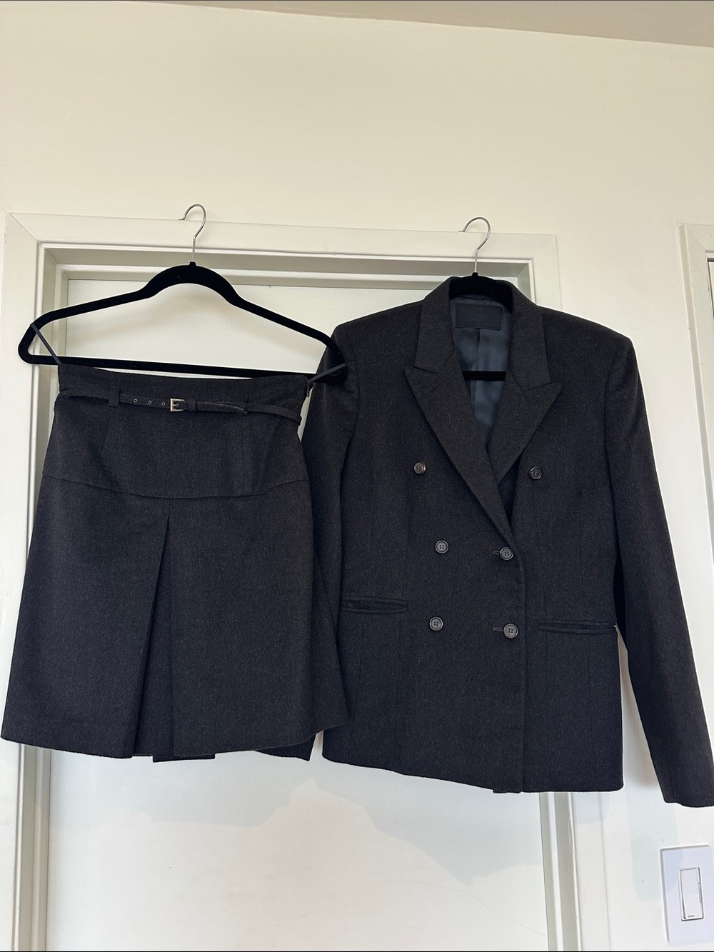 Prada Cashmere Dark Charcoal Double-Breasted Blazer with Matching Skirt 42